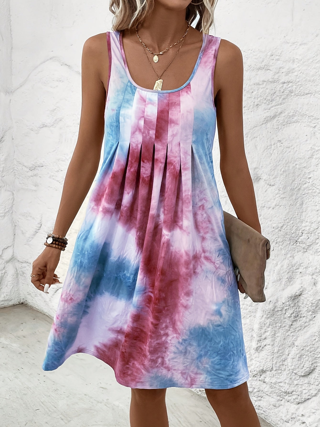 Tie-Dye Sommerkleid Ärmellos, Leicht & Luftig Lässig Maxikleid mit Rundhalsausschnitt