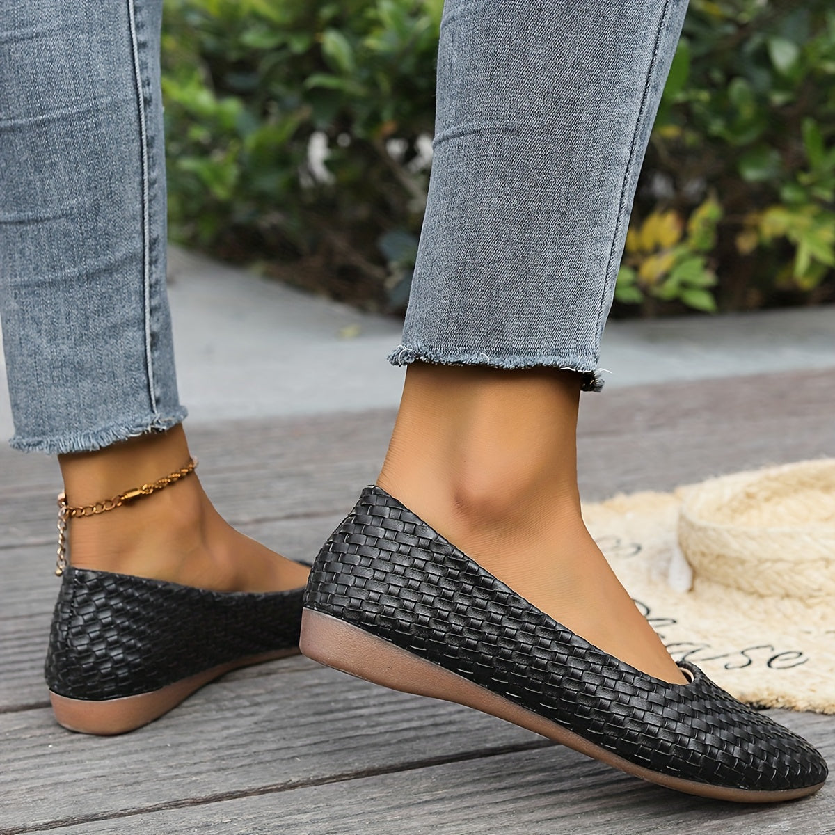 Geflochtene Detail Slip-On Flats für Frauen, spitze Zehe, weiche Sohle