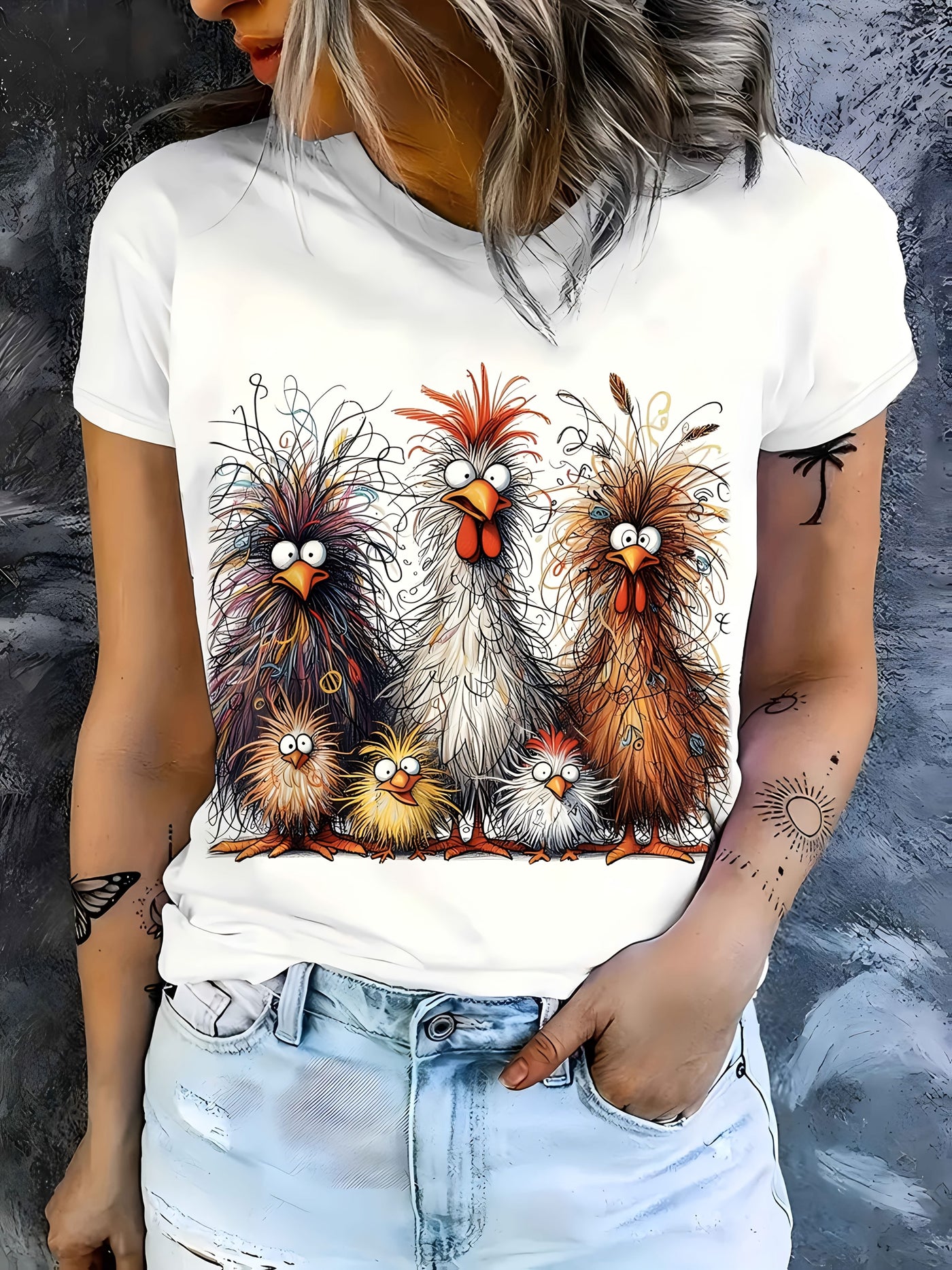 Damen Sommer-T-Shirt – Cartoon-Huhn Druck, Rundhals, Kurzarm, Lässig & Bequem