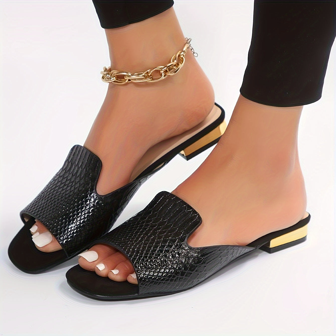 Damen Schwarzem Schlangenmuster Sommer Sandalen –  Gold & Rutschfest