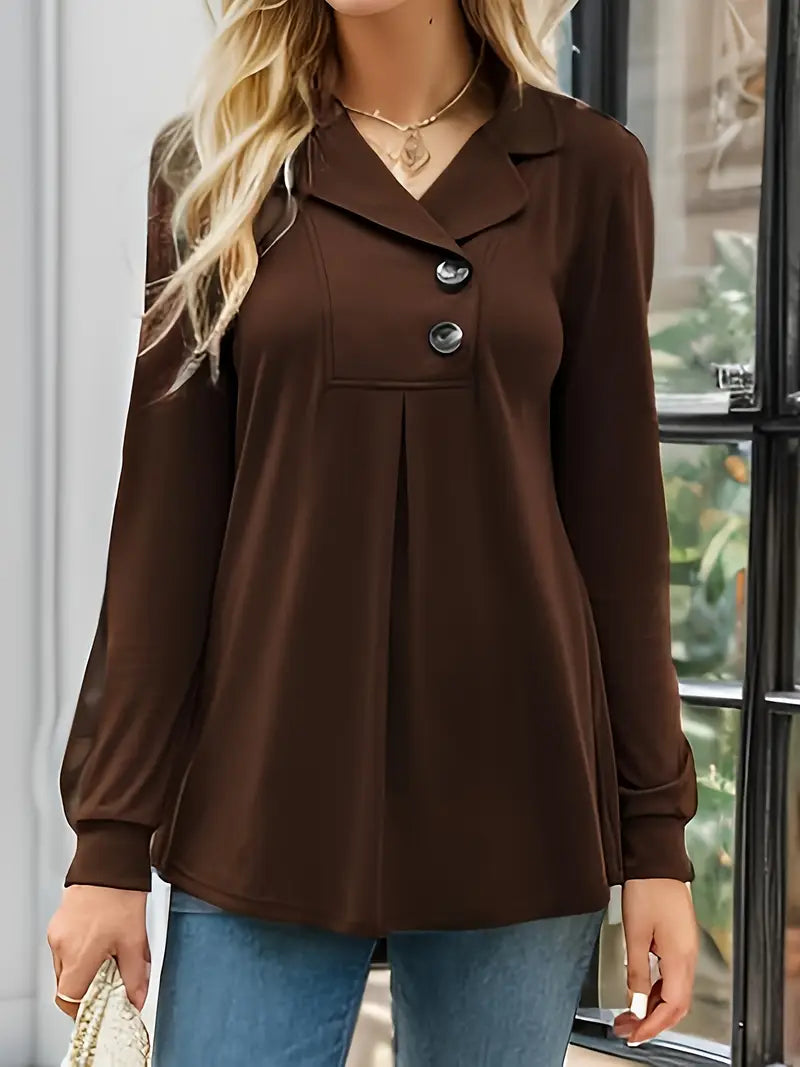 Damen Bluse mit Reverskragen – Langer Ärmel, Knopfdetails