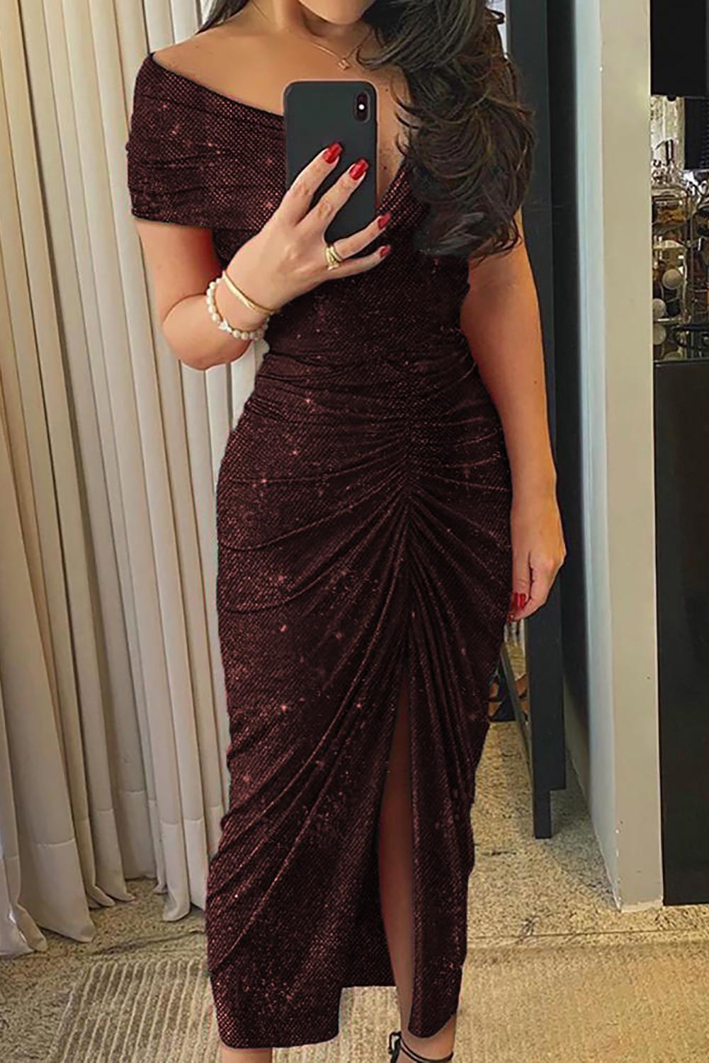 Solides Bodycon-Kleid mit V-Ausschnitt und eleganten Puffärmeln mit Drehung vorne