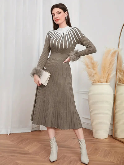 Hoch Tailliert Elegantes Langarm Strickkleid für Damen