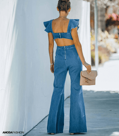 High-End-Jumpsuits aus Denim mit ausgestellten Ärmeln