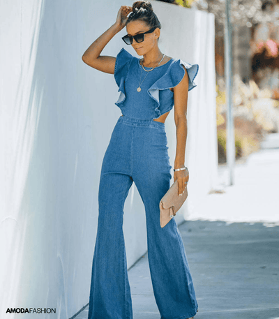 High-End-Jumpsuits aus Denim mit ausgestellten Ärmeln