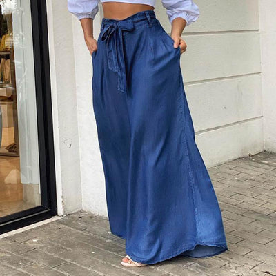 Blaue Krawatte Taille Übergroße Denim Weite Hosen Sommer