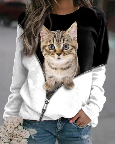 Langarm-Sweatshirt mit Rundhalsausschnitt und Katzen-Print