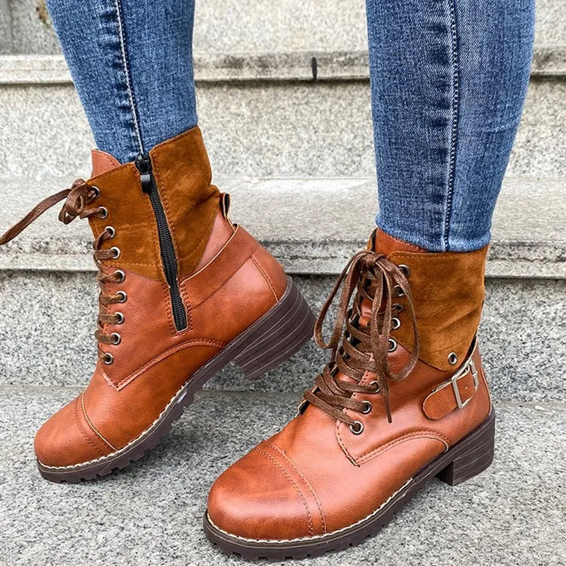 Sabina -  Neue solide Farbe Schnürung lässig Retrostiefel