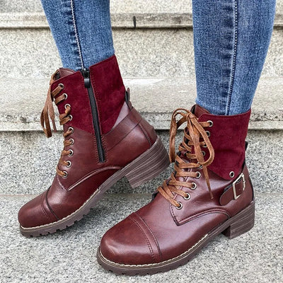 Sabina -  Neue solide Farbe Schnürung lässig Retrostiefel