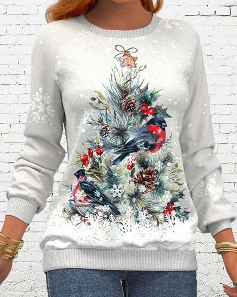 Langarm-Sweatshirt mit Weihnachtsbaummuster und Vogel- und Schneeflockendruck