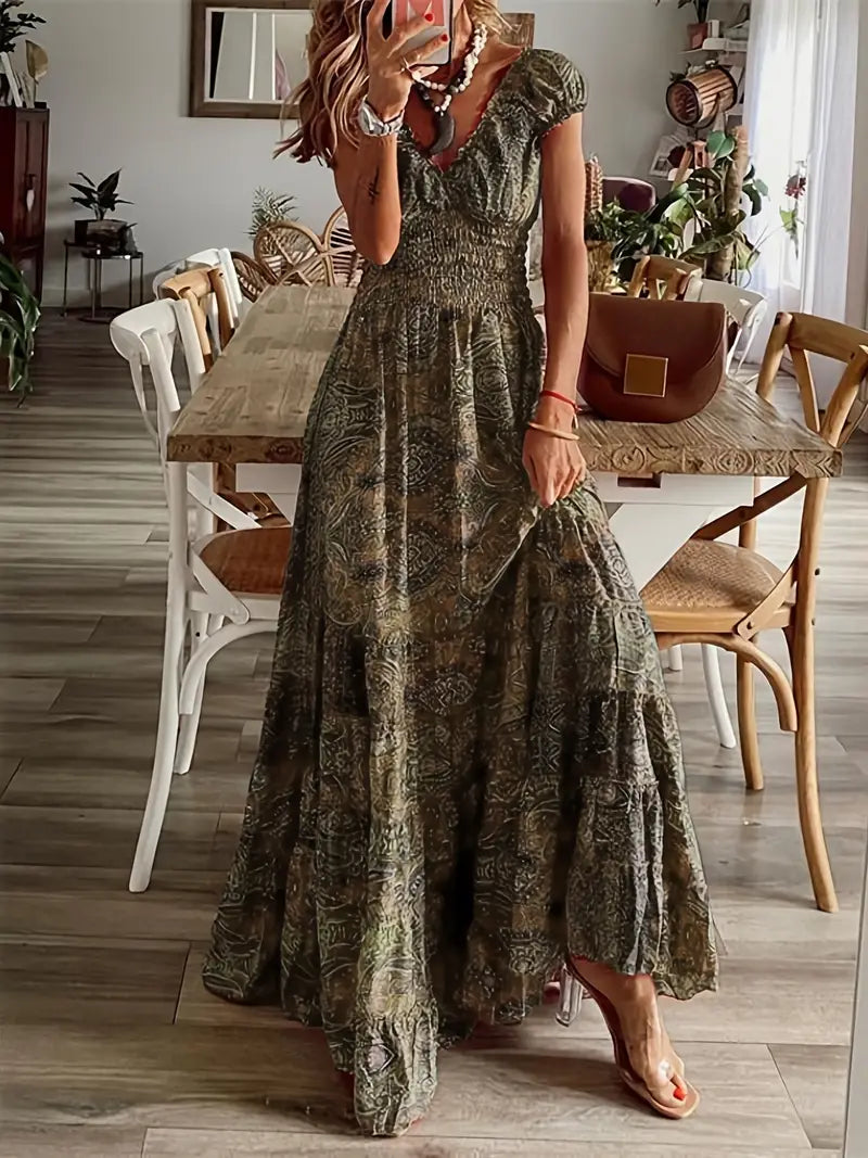 Thressa - Blumendruck Rüschenausschnitt Langes Kleid Swing-Stil