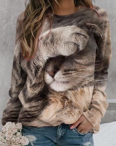 Langarm-Sweatshirt mit Rundhalsausschnitt und Katzen-Print