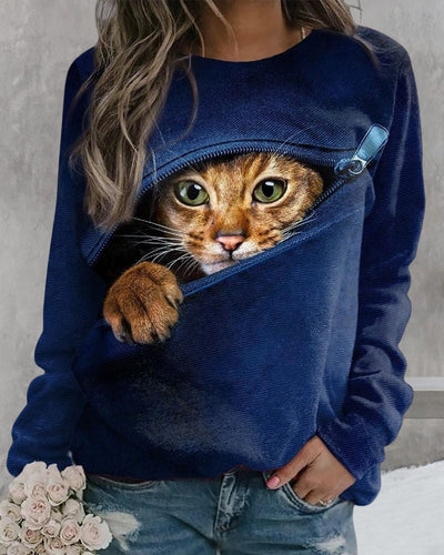 Langarm-Sweatshirt mit Rundhalsausschnitt und Katzen-Print