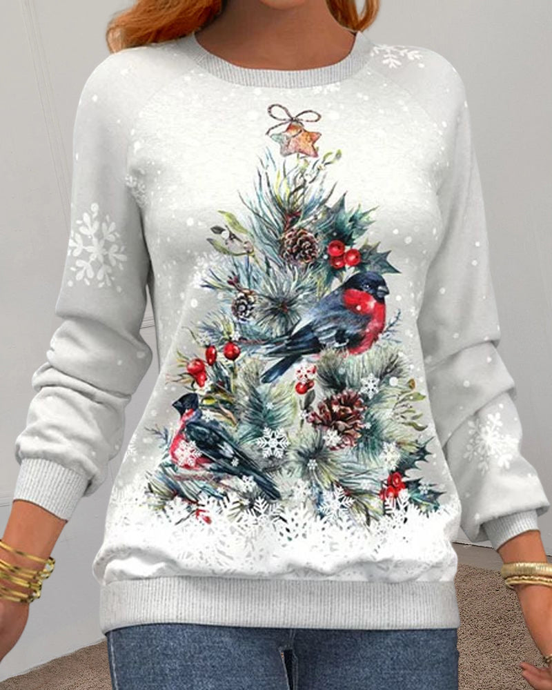 Langarm-Sweatshirt mit Weihnachtsbaummuster und Vogel- und Schneeflockendruck