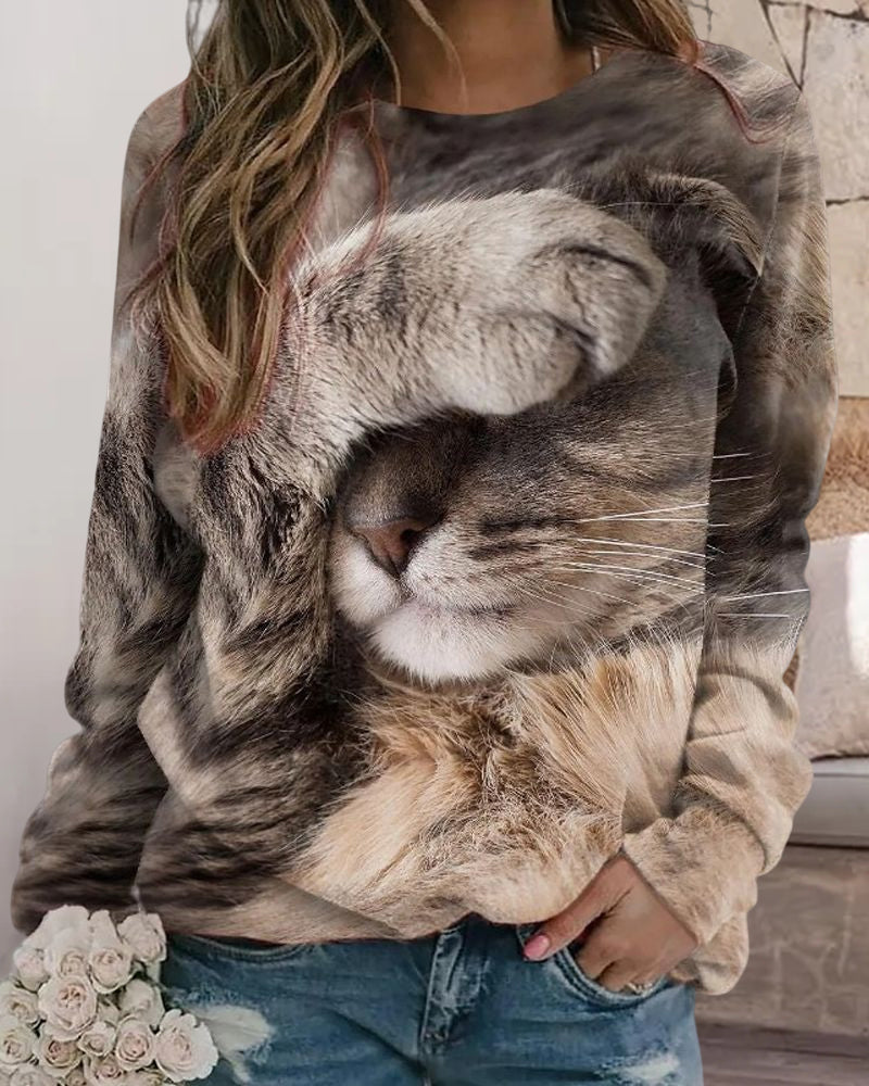 Langarm-Sweatshirt mit Rundhalsausschnitt und Katzen-Print