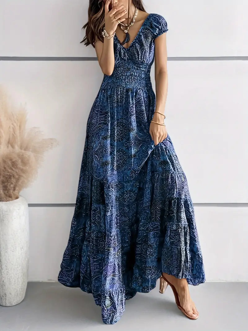 Thressa - Blumendruck Rüschenausschnitt Langes Kleid Swing-Stil